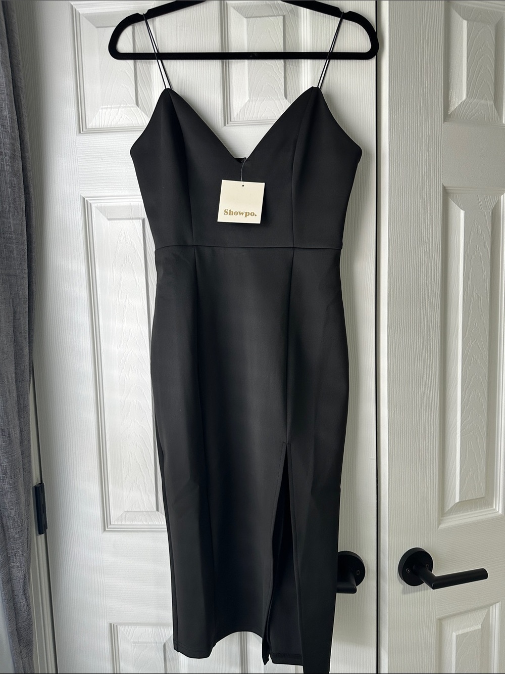 Showpo. Black Spaghetti-Strap Midi Dress with Front Slit